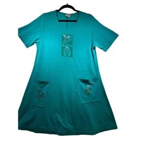 Vtg Cactus California Teal Painted T Shirt Shift Dress Womens Large Hummingbird